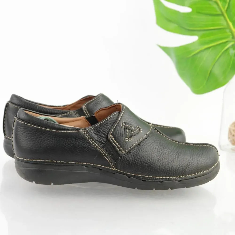 Clarks Womens Un Loop Stride Loafer Size 8 Black Leather Slip On Flat Comfy Shoe